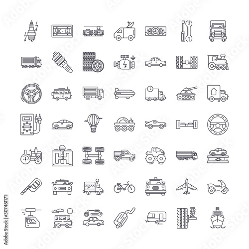 Transport vehicles line icons, signs, symbols vector, linear illustration set