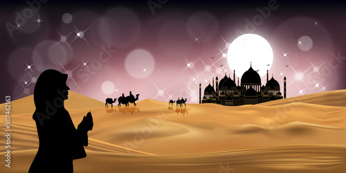 Muslim woman praying during sunset with mosque background, Panorama landscape of a girl praying with desert background during the month of ramadan, Concept of the Islamic religion