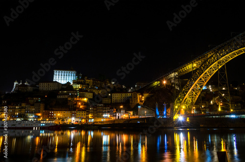 Night view of the Dom Luis I bridge from the Villa Nova de Gaia dock
