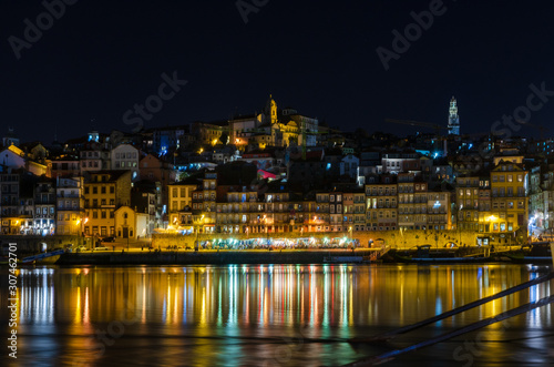 Night view on the Ribeira disctrict and wine boats from the Villa Nova de Gaia dock
