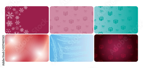 set of colored vector cards with gift boxes and abstractions for holidays
