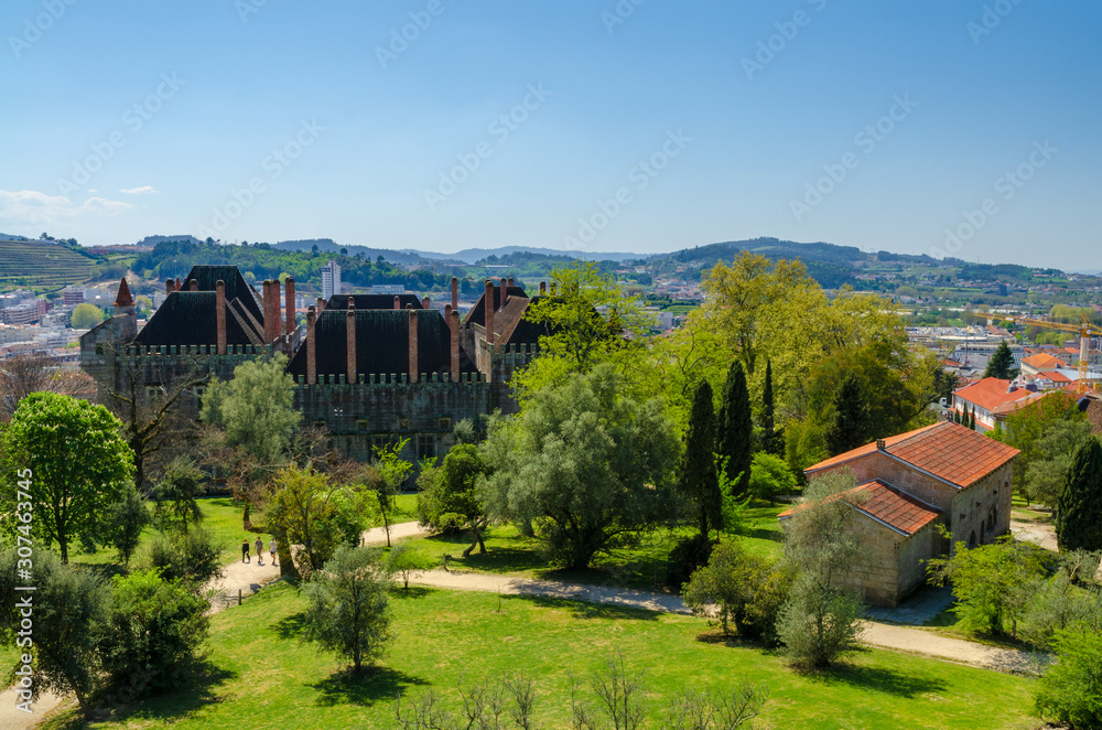 View on the Palace of the Dukes of Braganza from the Castle in town of Guimarães