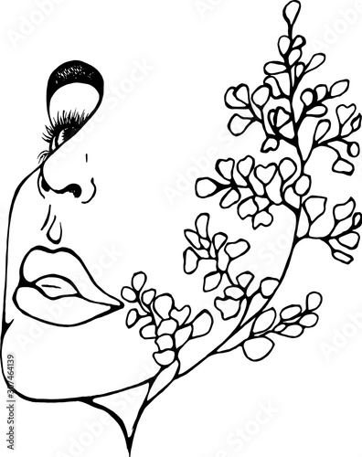 Illustration of a profile of a girl with double exposure, ginkgo biloba as an extension of her face. Abstraction.
