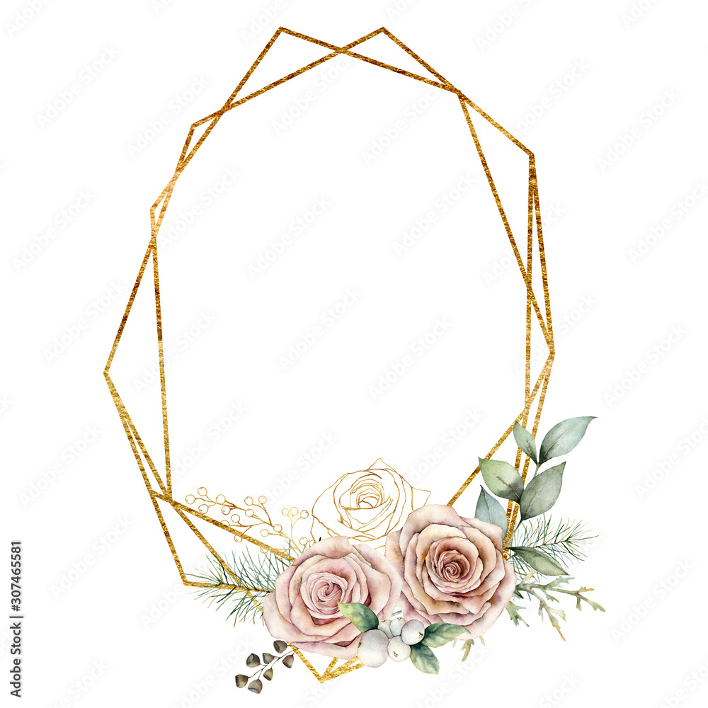 Watercolor Christmas polygonal golden frame with roses. Hand painted flowers and branches isolated on white background. Greeting label template. Floral illustration for design, print or background. Watercolor Christmas polygonal golden frame with roses. Hand painted flowers and branches isolated on white background. Greeting label template. Floral illustration for design, print or background.