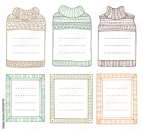 Collection of hand-drawn winter knitted frames in the shapes of jumpers and rectangular.