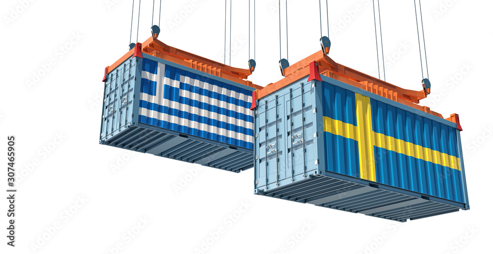 Two freight container with Greece and Sweden flag - isolated on white. 3D Rendering Two freight container with Greece and Sweden flag - isolated on white. 3D Rendering