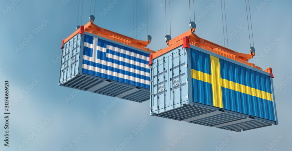 Two freight container with Greece and Sweden flag. 3D Rendering Two freight container with Greece and Sweden flag. 3D Rendering