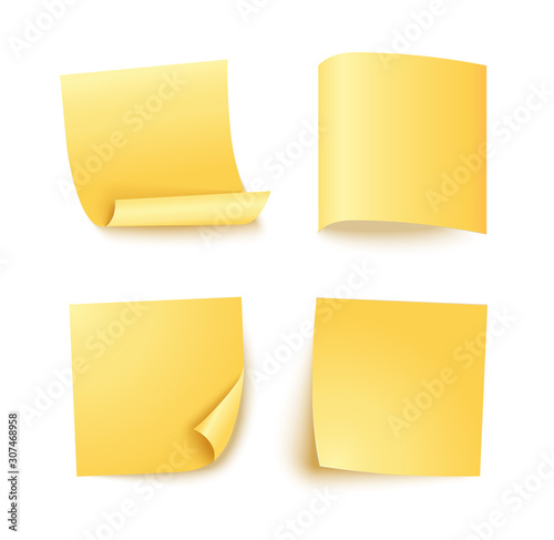 Note sheet of yellow paper set with different shadow. Blank post for message, to do list, memory. Set of four vector sticky notes isolated on white.