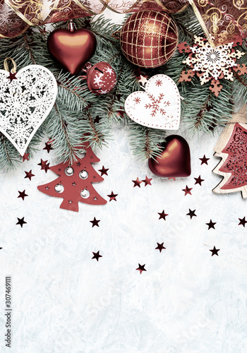 Christmas creative background border, gold color, cones, branches, place for text