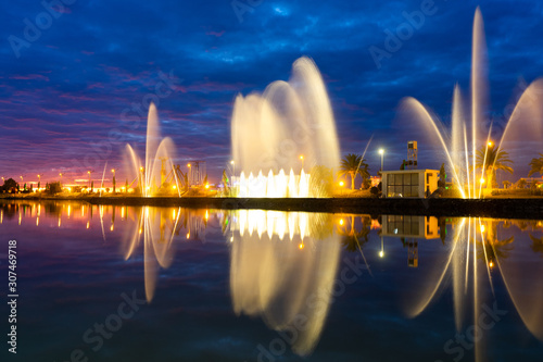 Beautiful fountain at sunset day on exposure in the city of Batumi, Georgia.