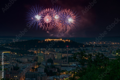 Brno castle Spilberk fireworks show exhibition. Celebration, pyroshow festival. Colorful explosion effects at night with fabulous view on city Ignis brunensis. photo