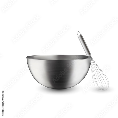 Vector 3d Realistic Steel, Chrome, Silver Metal Hemisphere Circle Bowl and Whisk Closeup Isolated on White Background. Utensils for Kitchens. Design Template, Health Food and Drink Concept