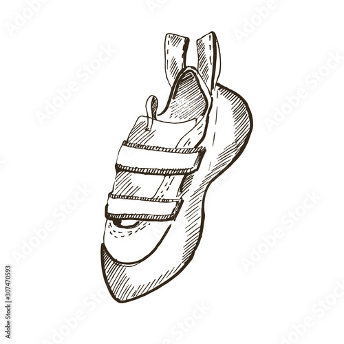 Hand drawn rock climbing shoes. Sketch illustration on white background.