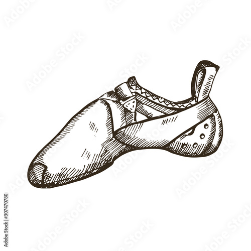Hand drawn rock climbing shoes. Sketch illustration on white background.