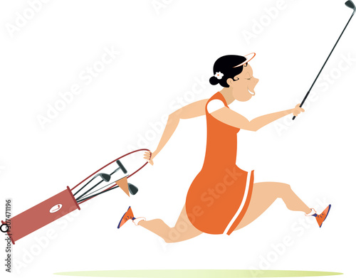 Smiling golfer woman runs to play golf illustration. Cartoon smiling golfer woman with golf bag and golf club runs to the golf course isolated on white