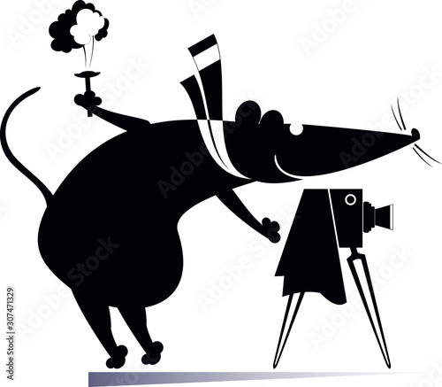 Cartoon rat or mouse a photographer isolated illustration. Funny rat or mouse makes photo using a retro camera black on white