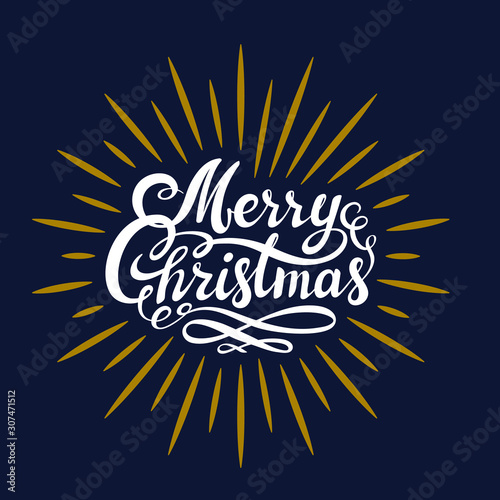 Merry Christmas hand lettering. White and gold on dark background. This illustration can be used as a greeting card, poster or print.