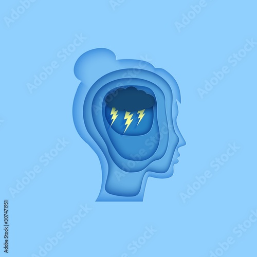 Woman brain silhouette head with cloud and lightning in paper cut style. . Wotld Mental health Day 10 October element concept. Psychology and psychiatry bad mood, OCD depressive state of mind, anger