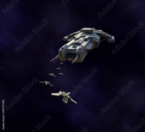 Science fiction illustration of a spaceship carrier vessel deploying single seater fighter craft, 3d digitally rendered illustration