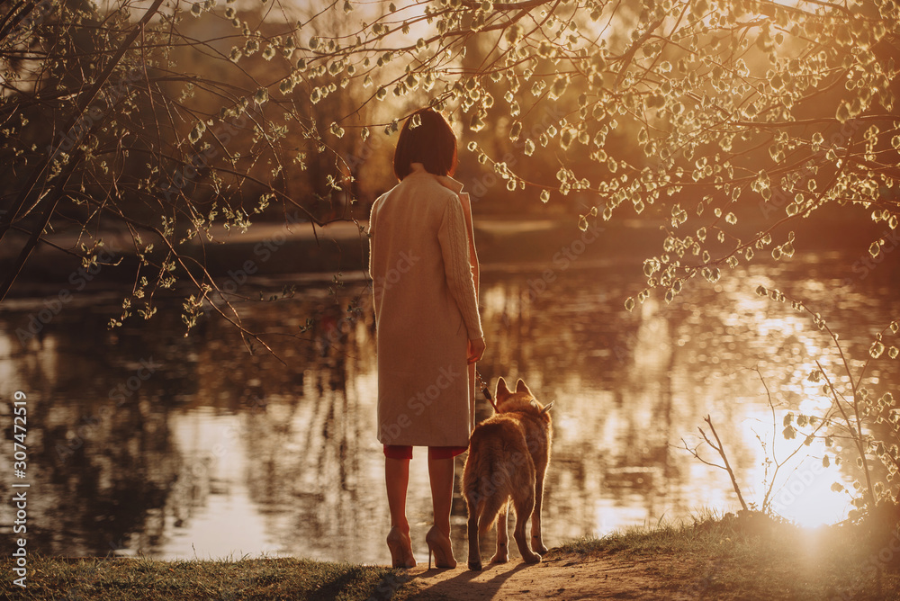 young woman and her dog standing by the river at sunset, rear view young woman and her dog standing by the river at sunset, rear view