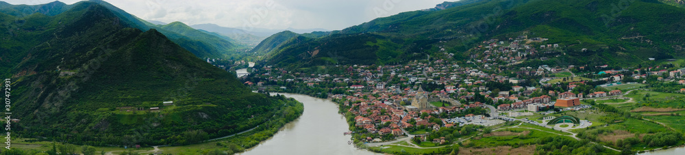panoramic top view of the Kura and Aragvi rivers and Mtskheta in Georgia on a summer day