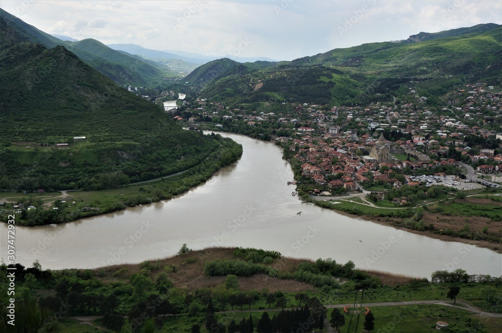 panoramic top view of the Kura and Aragvi rivers and Mtskheta in Georgia on a summer day