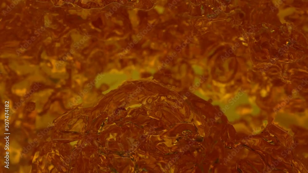 Animated top view of realistic apple juice pouring and splashing from three inflows filling whole container against green background.