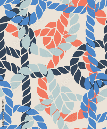 Seamless marine rope knot pattern. Endless illustration with color rope ornament and nautical sea knots. Trendy maritime style background. Rope texture. Ready for textile, fabric prints, wrapping.