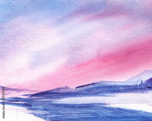 Abstract watercolor background. Simple winter romantic landscape with mountains. Gradient from white to pink to blue. Light clouds. Snowy mountains, river. Hand drawn watercolor illustration.