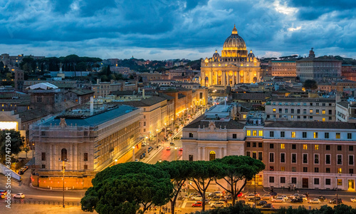 Photography Panoramic night sight in Rome with Saint Peters Basilica, as seen from the Castel Sant'Angelo terrace
