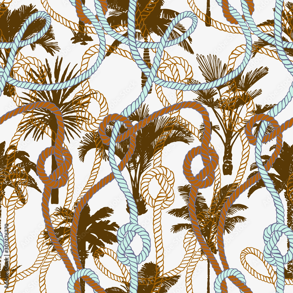 Palm tree seamless pattern with twisted ropes with knots. Flat nautical ornament. Exotic sea tropical background.