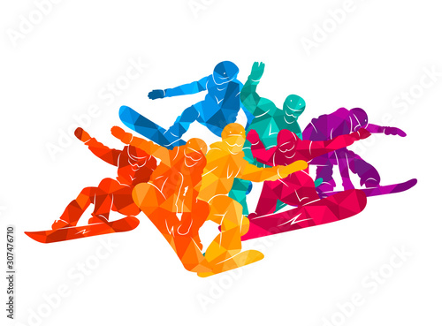Snowboard, snowboarders, snowboarding extreme winter sport people silhouettes vector illustration, riding a board, tricks	