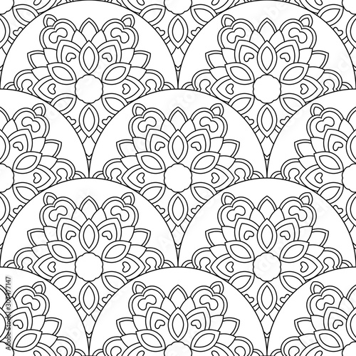 Abstract mandala fish scale seamless pattern. Ornamental tile, mosaic background. Floral patchwork infinity card. Arabic, Indian, ottoman motifs. Vector illustration. 