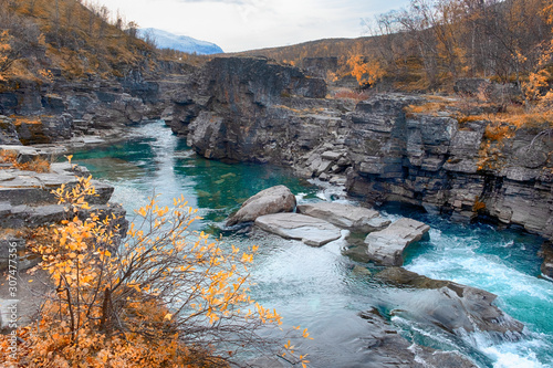Valokuva river canyon in Abisko National Park in Sweden during golden autumn