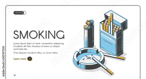 Smoking isometric landing page, cigarettes in package with ashtray and lighter, tobacco addiction, nicotine product retro colored web banner design. Bad unhealthy habit. 3d vector line artillustration photo