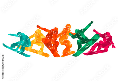 Snowboard, snowboarders, snowboarding extreme winter sport people silhouettes vector illustration, riding a board, tricks