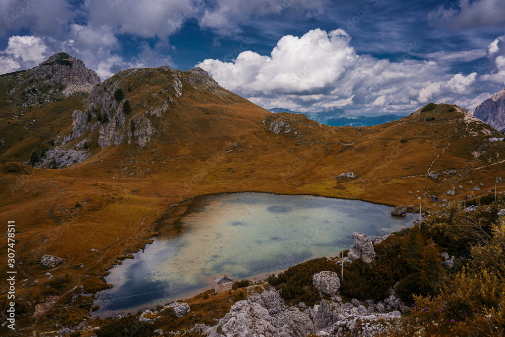 The lake of Valparola, Dolomites.