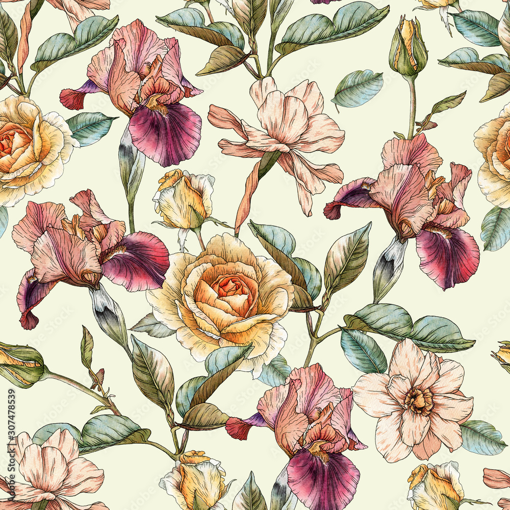 Fototapeta Floral seamless pattern with watercolor irises, roses and narcissus. Background with spring flowers