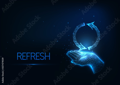 Futuristic refresh, reload, recycle concept with glow low polygonal human hand holding reload symbol