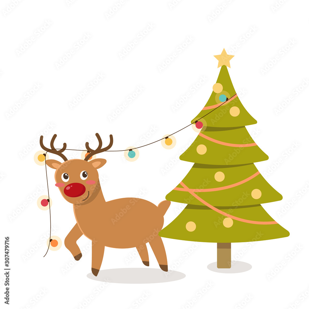 Funny reindeer and christmas tree on white background