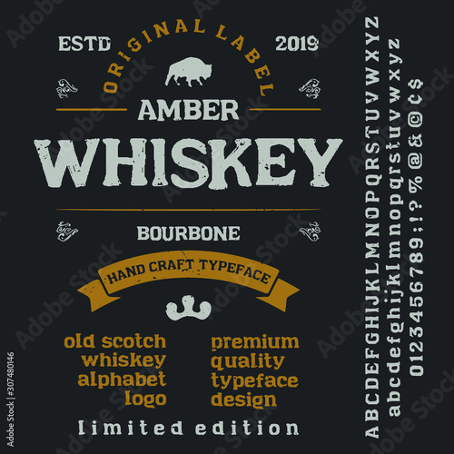 Vintage decorative font  "whiskey" with sample design. Good handcrafted western typeface in vintage style for labels, posters, greeting cards etc. Letters and numbers. Vector illustration