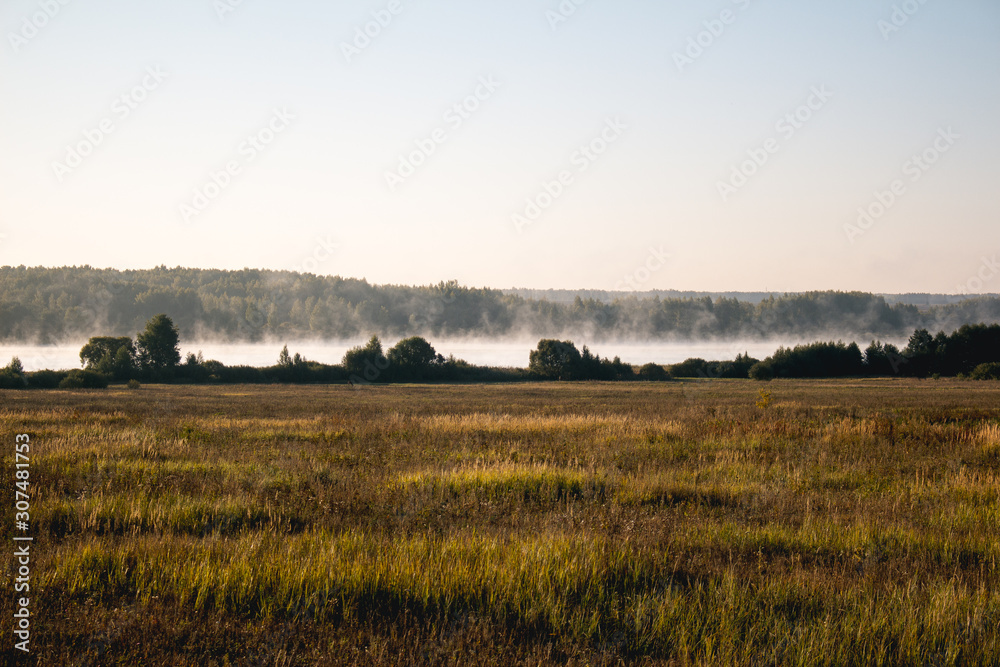 Scenery.  Summer morning, the road leads to the river.  Fog over the pond.