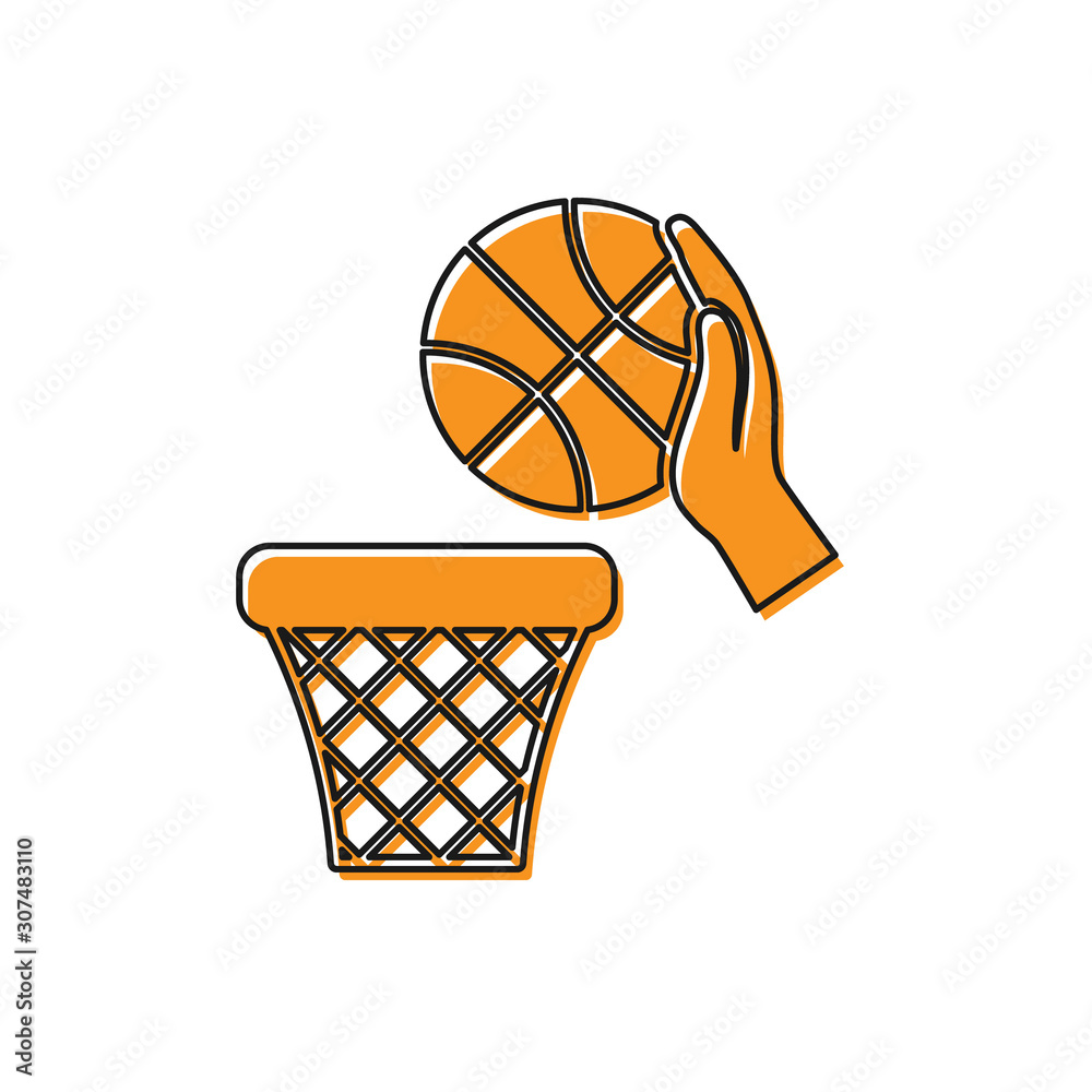 Orange Hand with basketball ball and basket icon isolated on white  background. Ball in basketball hoop. Vector Illustration Stock Vector |  Adobe Stock