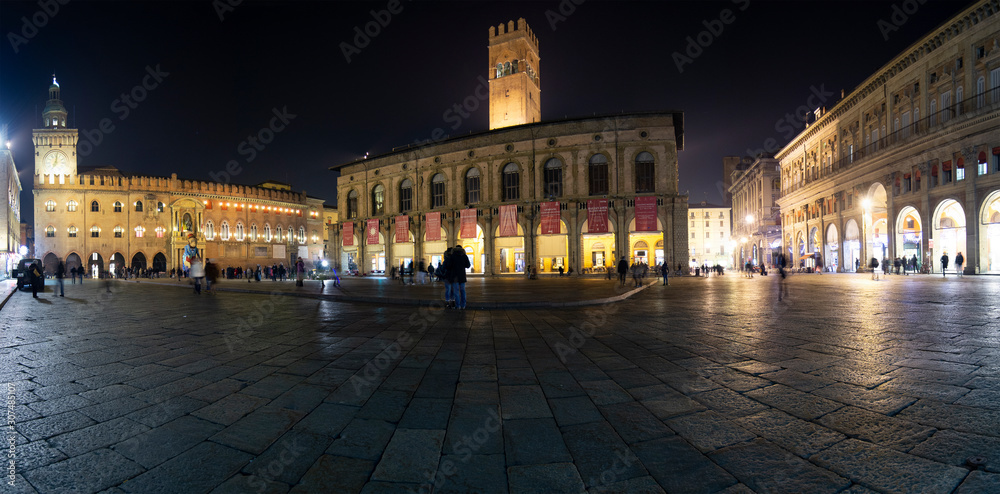 03-12-2019, Bologna, Italy - long exposure of Piazza Maggiore at winter night.