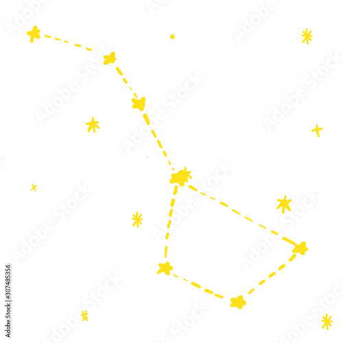 Ursa Magor - Great Bear constellation with stars in yellow colour in doodles hand drawn style.