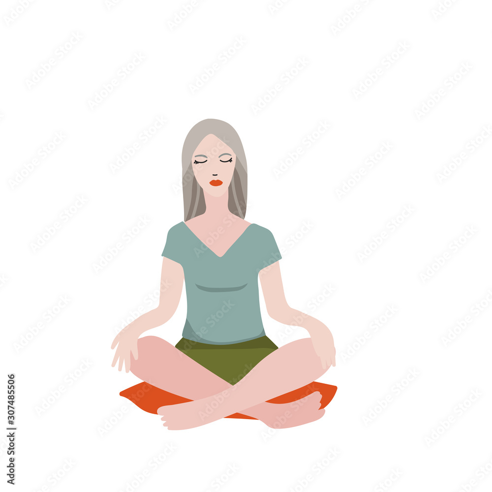 Young pretty woman performing yoga exercise. Female cartoon character sitting in lotus posture and meditating vipassana Young pretty woman performing yoga exercise. Female cartoon character sitting in lotus posture and meditating vipassana