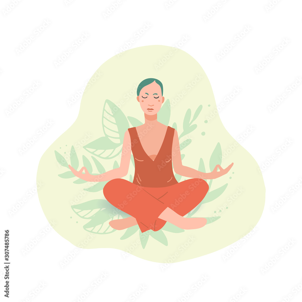 Young pretty woman performing yoga exercise. Female cartoon character sitting in lotus posture and meditating vipassana Young pretty woman performing yoga exercise. Female cartoon character sitting in lotus posture and meditating vipassana