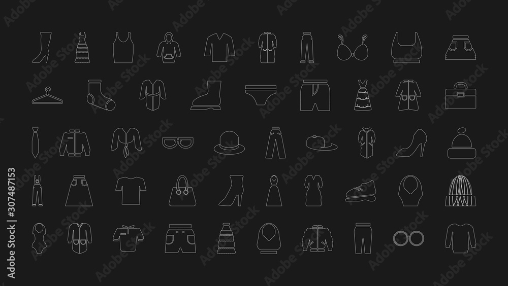 Clothing icon set. Vector contour black and white isolated illustration. Clothing icon set. Vector contour black and white isolated illustration.