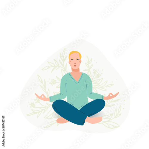 Young pretty men performing yoga exercise.