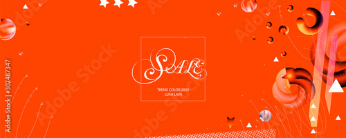 Abstract background futuristic elements on Lush Lava color banner geometric fiery orange-red gradient texture with lines